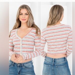 Cropped StripedTop Faux Button Front V-Neckline NEW!